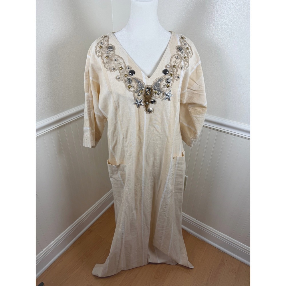 Soft Surroundings Kaftan Dress Cream Stripe‎ Embellished V Neck Cotton Size S